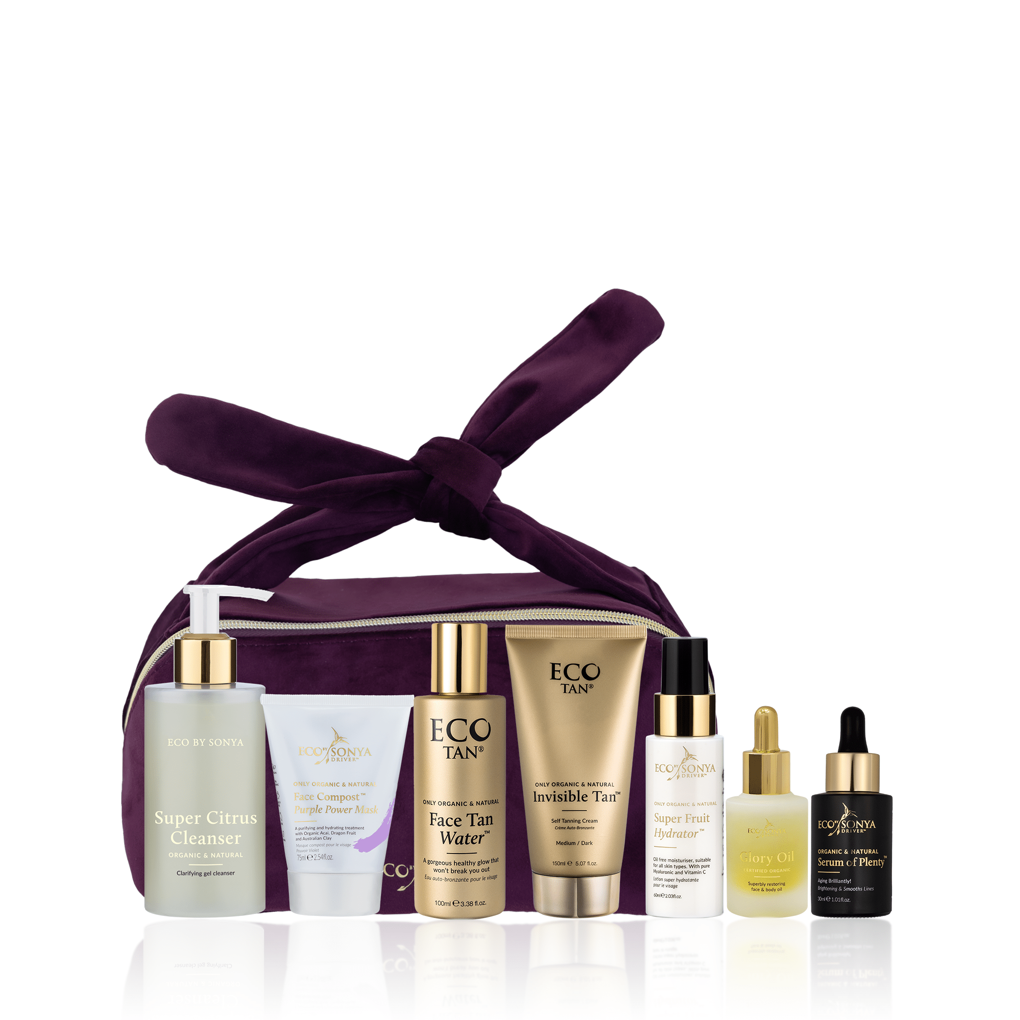 Eco By Sonya Vacay Pack including Super Citrus Cleanser, Face Mask, Body and Face Tanning products, Serum of Plenty, Face Hydrator and Glory Oil