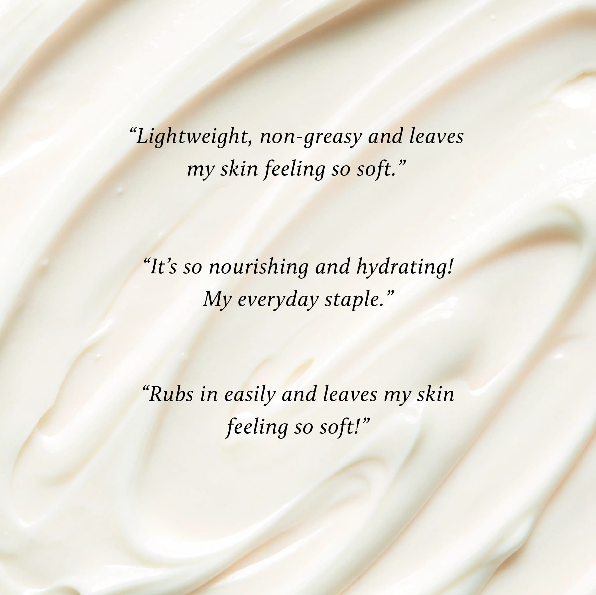 Three customer review quotes overlaid on a close-up Body Milk texture background