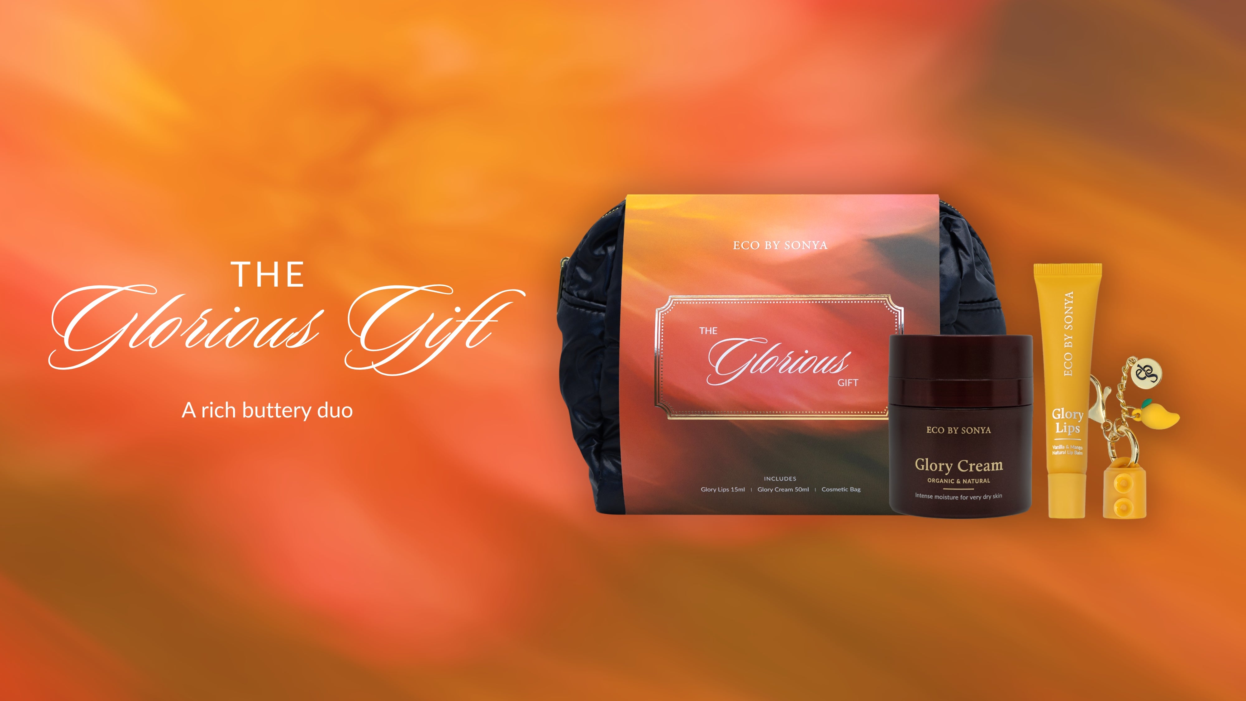 Eco By Sonya The Glorious Gift pack with Glory Cream rich moisturiser, Glory Lips organic lip balm, and black cosmetic bag, luxury skincare gift set.
