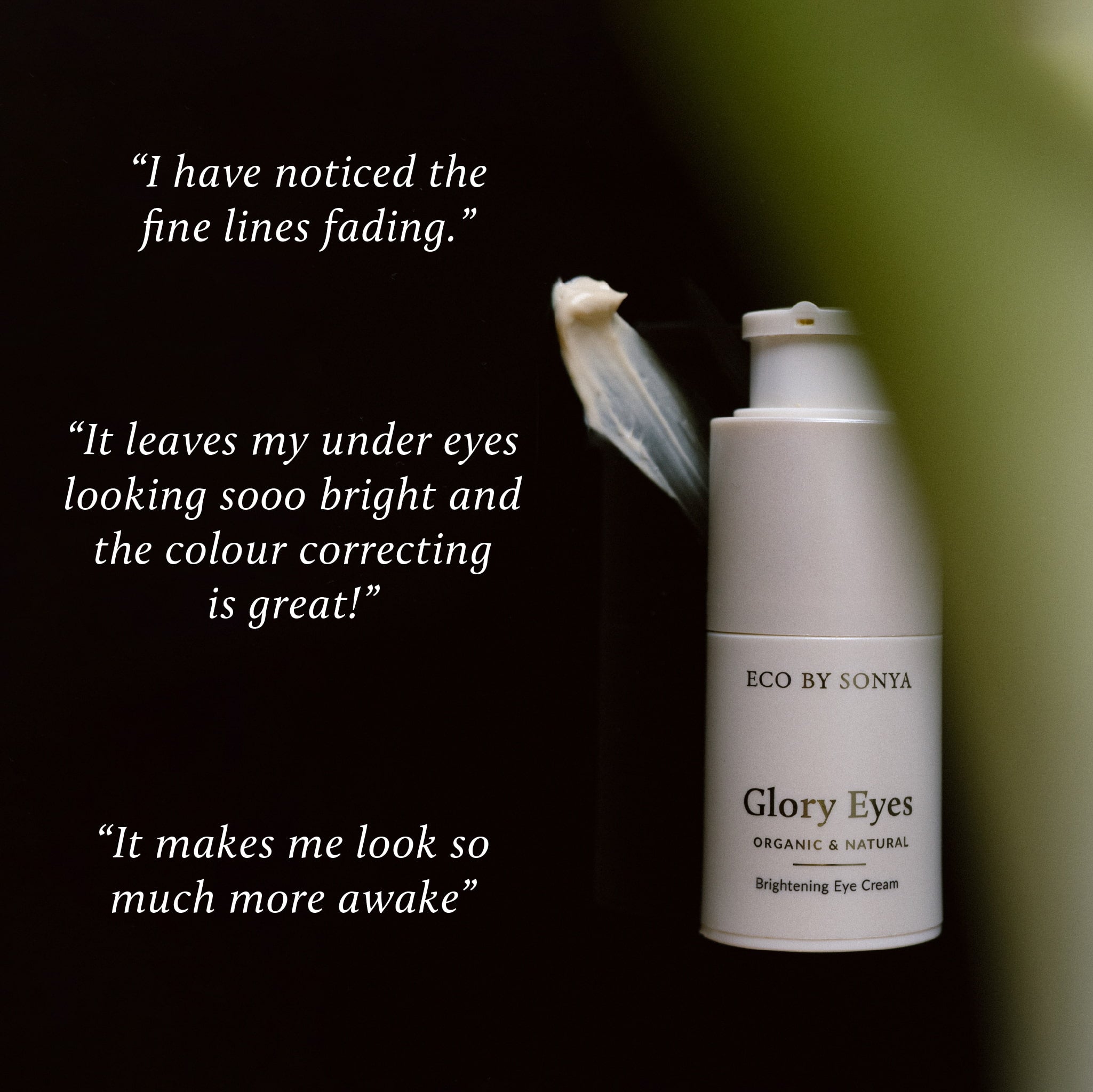Close-up of Eco By Sonya Glory Eyes with three customer reviews displayed alongside the product.
