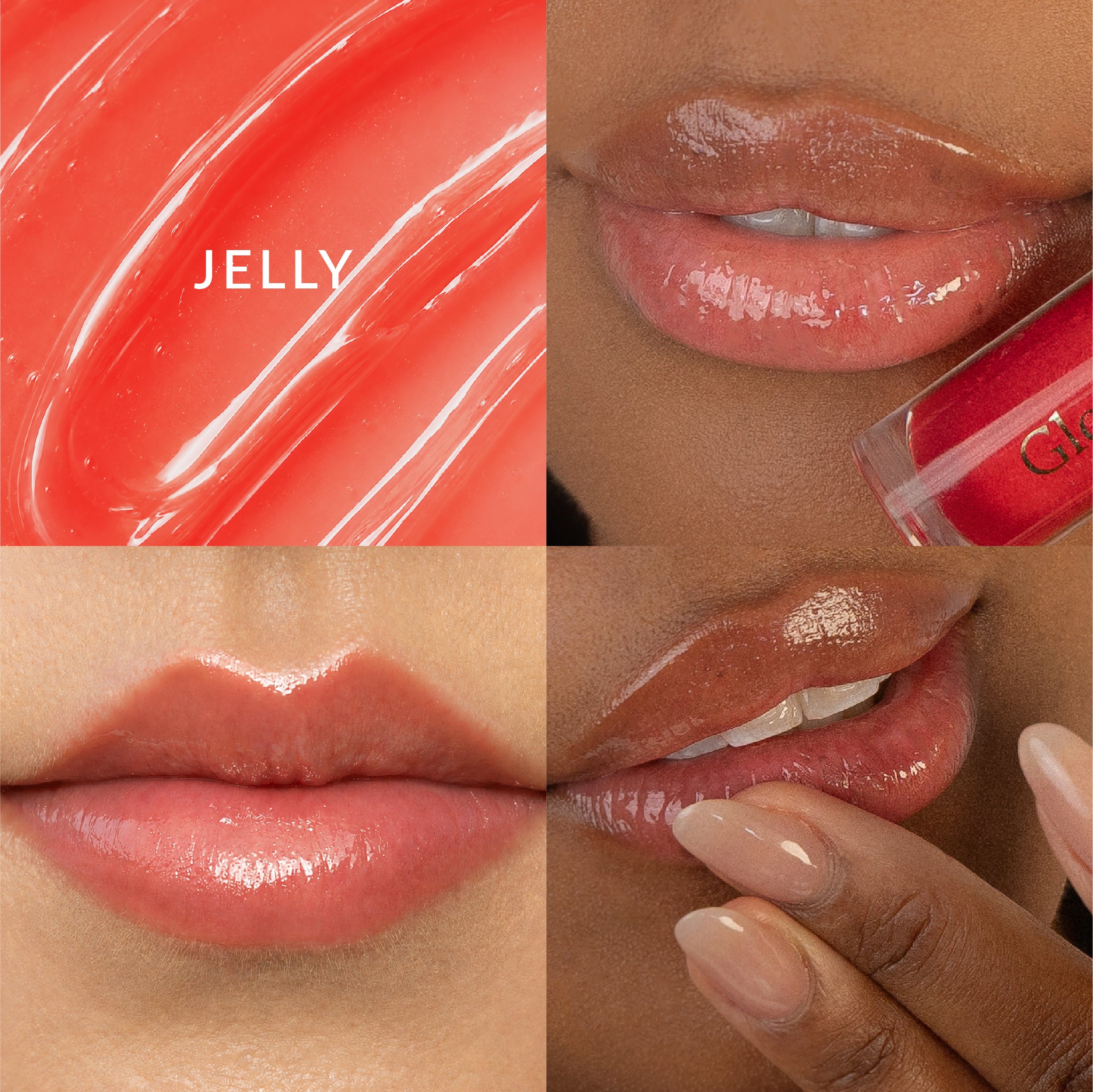 Glory Gloss Jelly swatch, before-and-after lips, and product application.