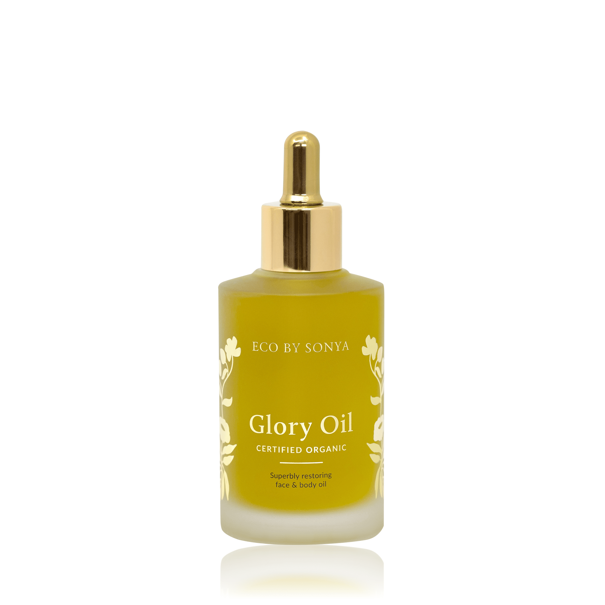 Eco By Sonya Glory Oil 100ml bottle with golden dropper on white background, organic natural face oil for nourishing and healing skin.