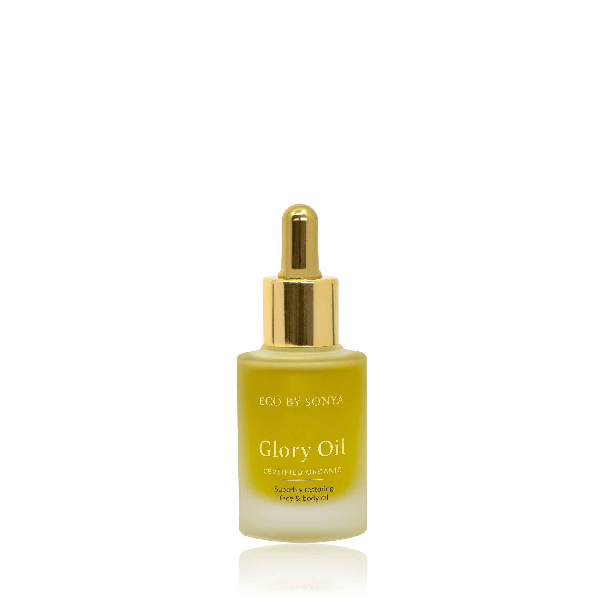 Eco By Sonya Glory Oil 30ml bottle with golden dropper on white background, organic natural face oil for nourishing and healing skin.