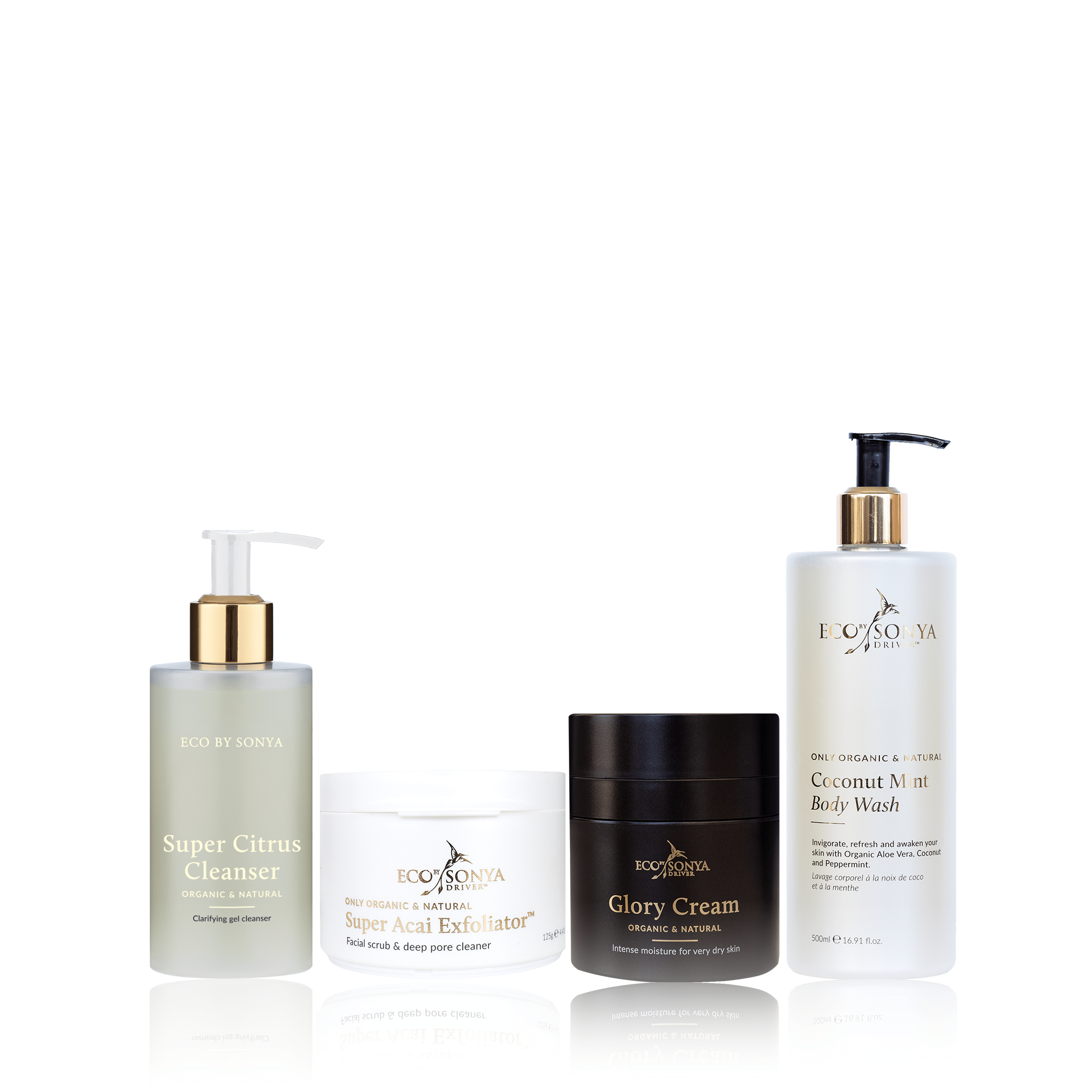 Set of Eco By Sonya Mature Blokes Pack including Super Citrus Cleanser, Super Acai Exfoliator, Glory Cream, and Coconut Mint Body Wash 