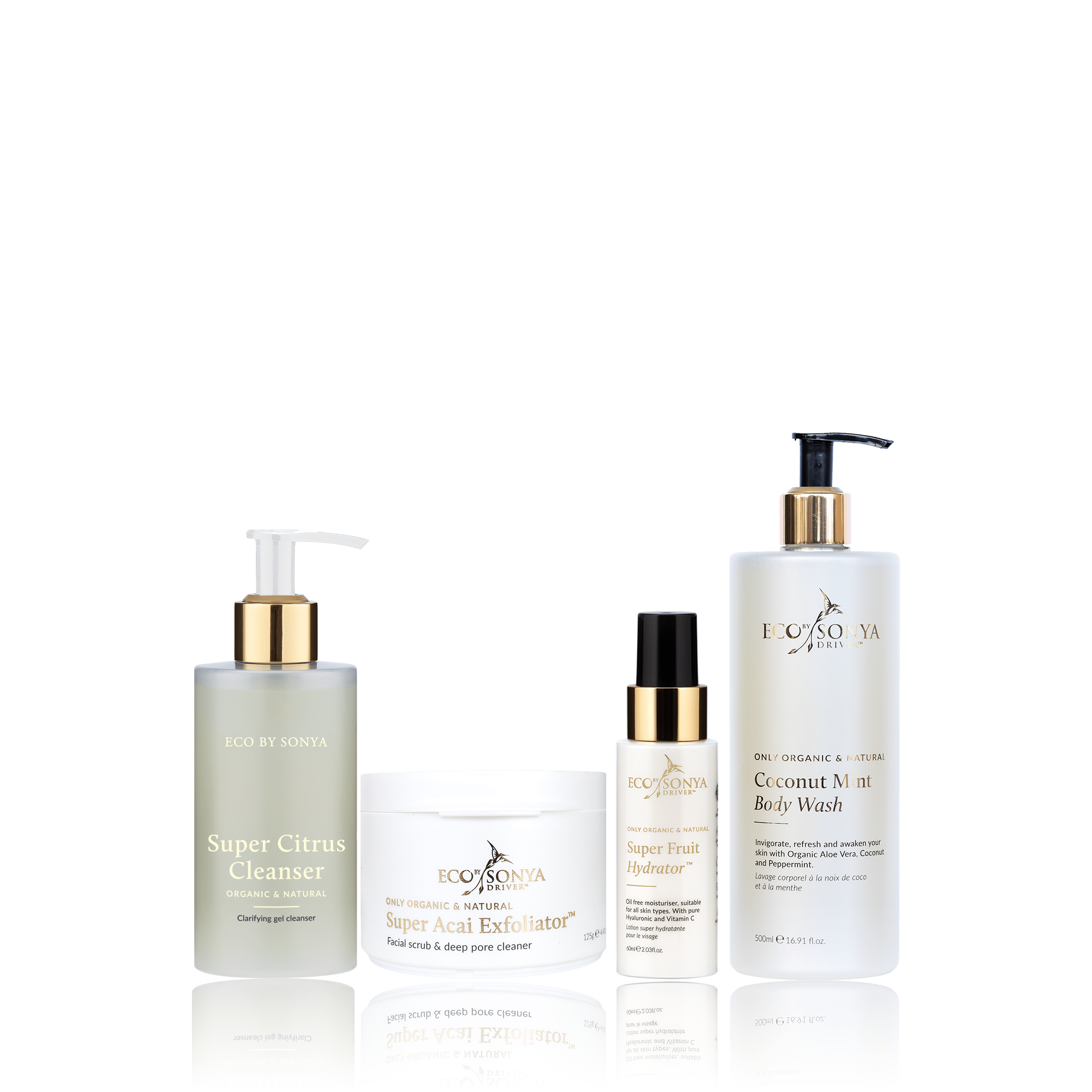 Set of Eco By Sonya skincare products including Super Citrus Cleanser, Acai Exfoliator, Super Fruit Hydrator and Coconut Mint Body Wash