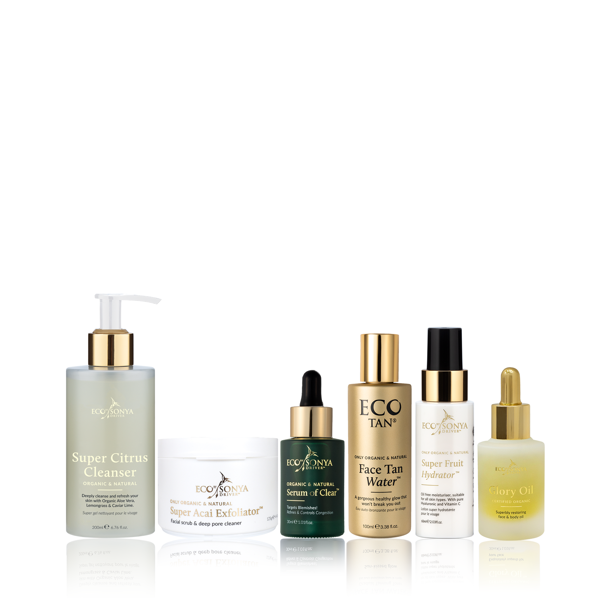Collection of skincare products from Eco by Sonya on a white background