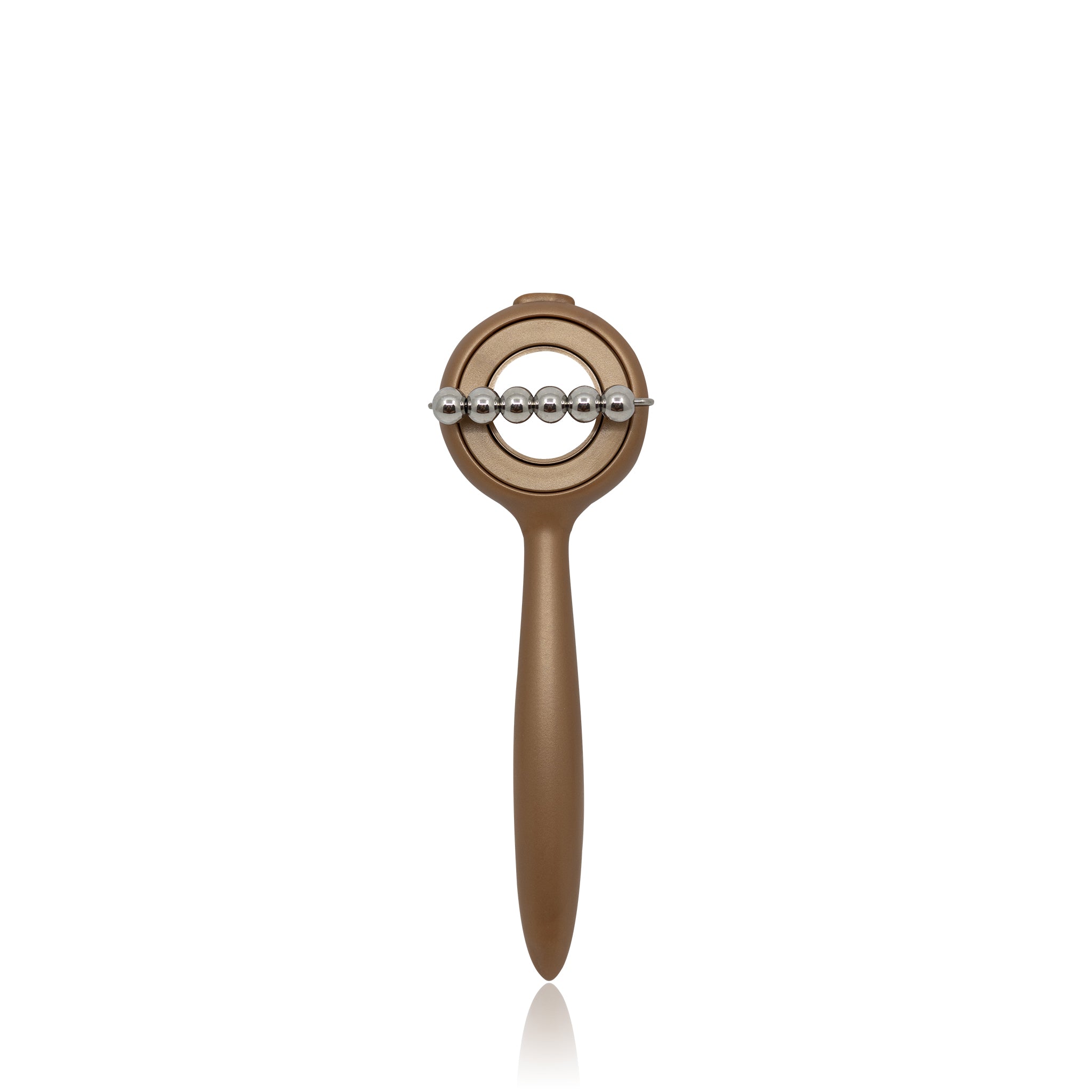 Bronze-colored face sculpting tool with a circular head and massage beads