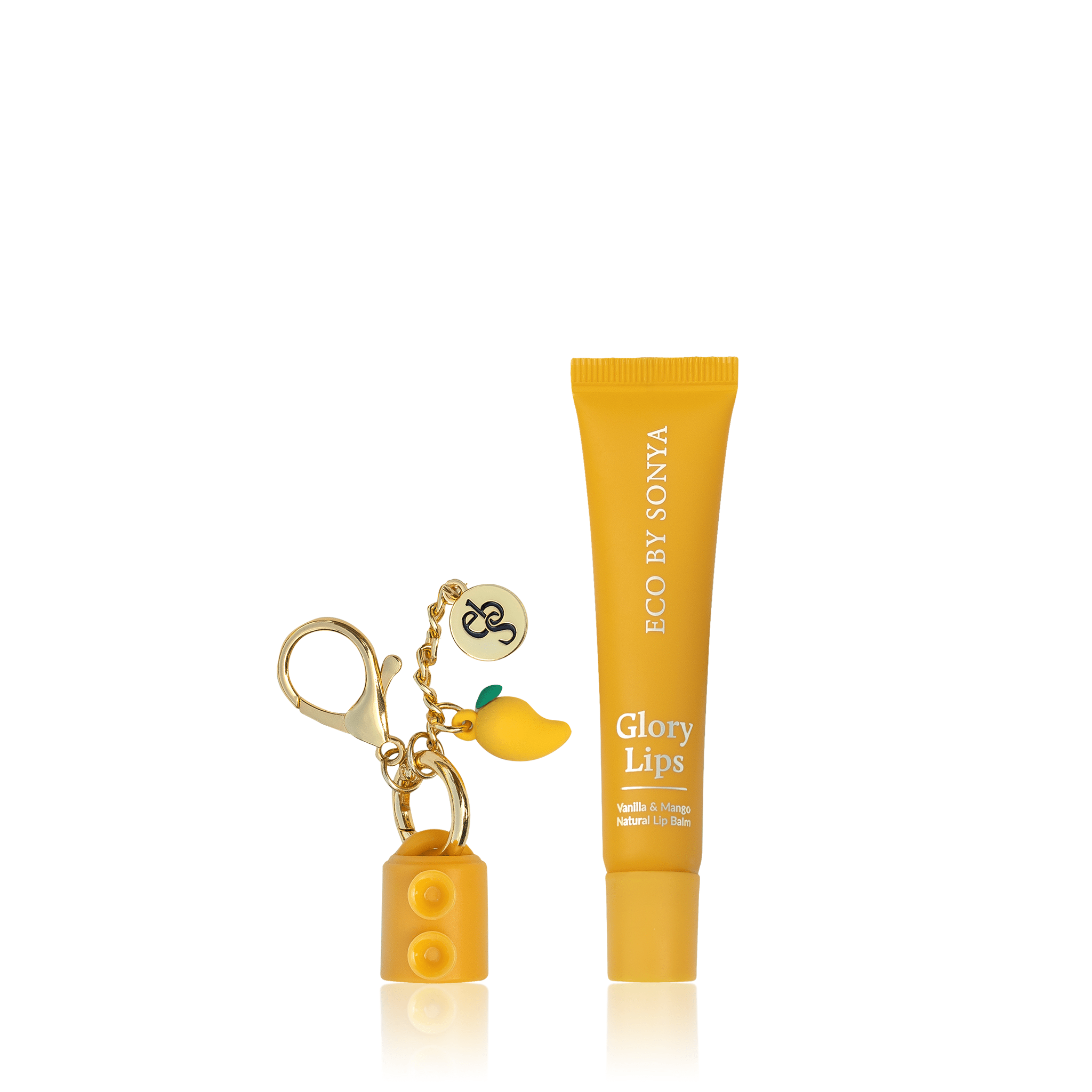 Yellow lip balm tube and mango key charm with 'Eco by Sonya' branding on a white background