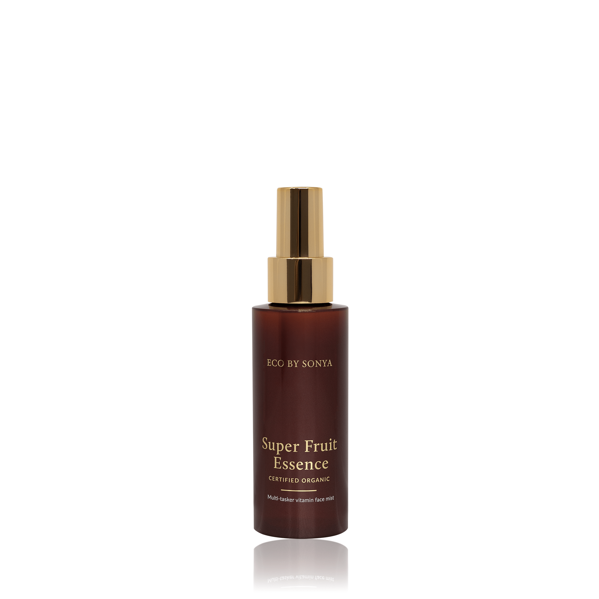 Burgundy bottle of Super Fruit Essence with gold cap on a white background