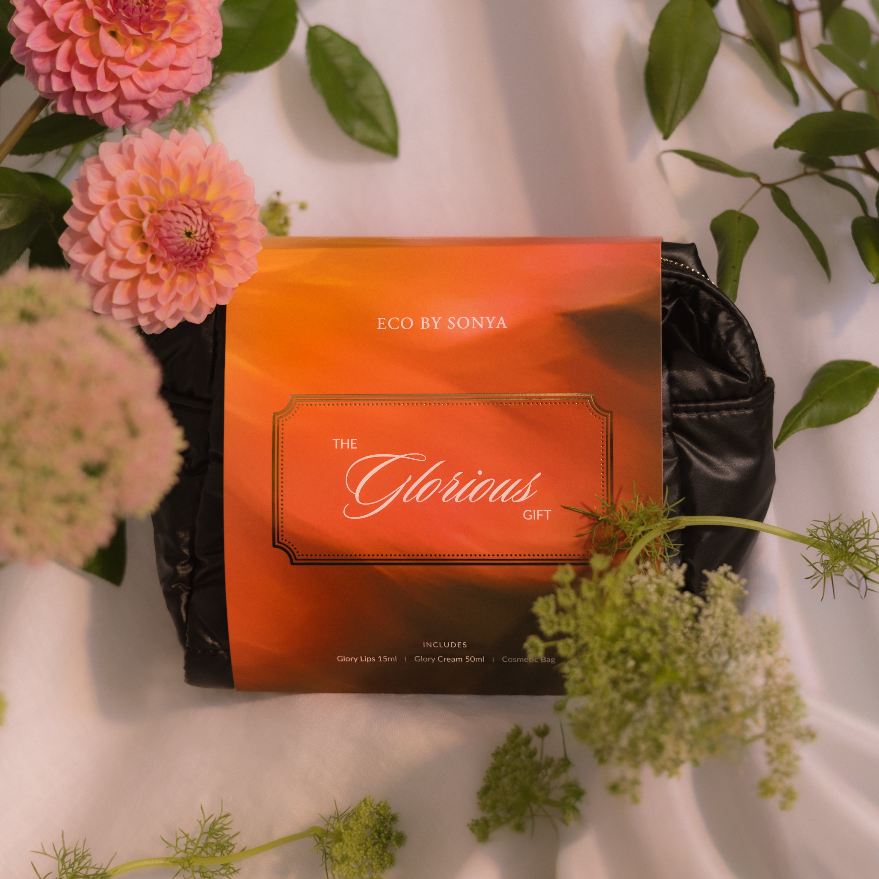 Eco by Sonya Glorious Gift pack with flowers and greenery on a light background